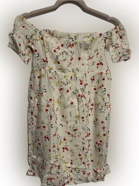 moodie Cream Floral Off-Shoulder Mini Dress with Red & Yellow Accents